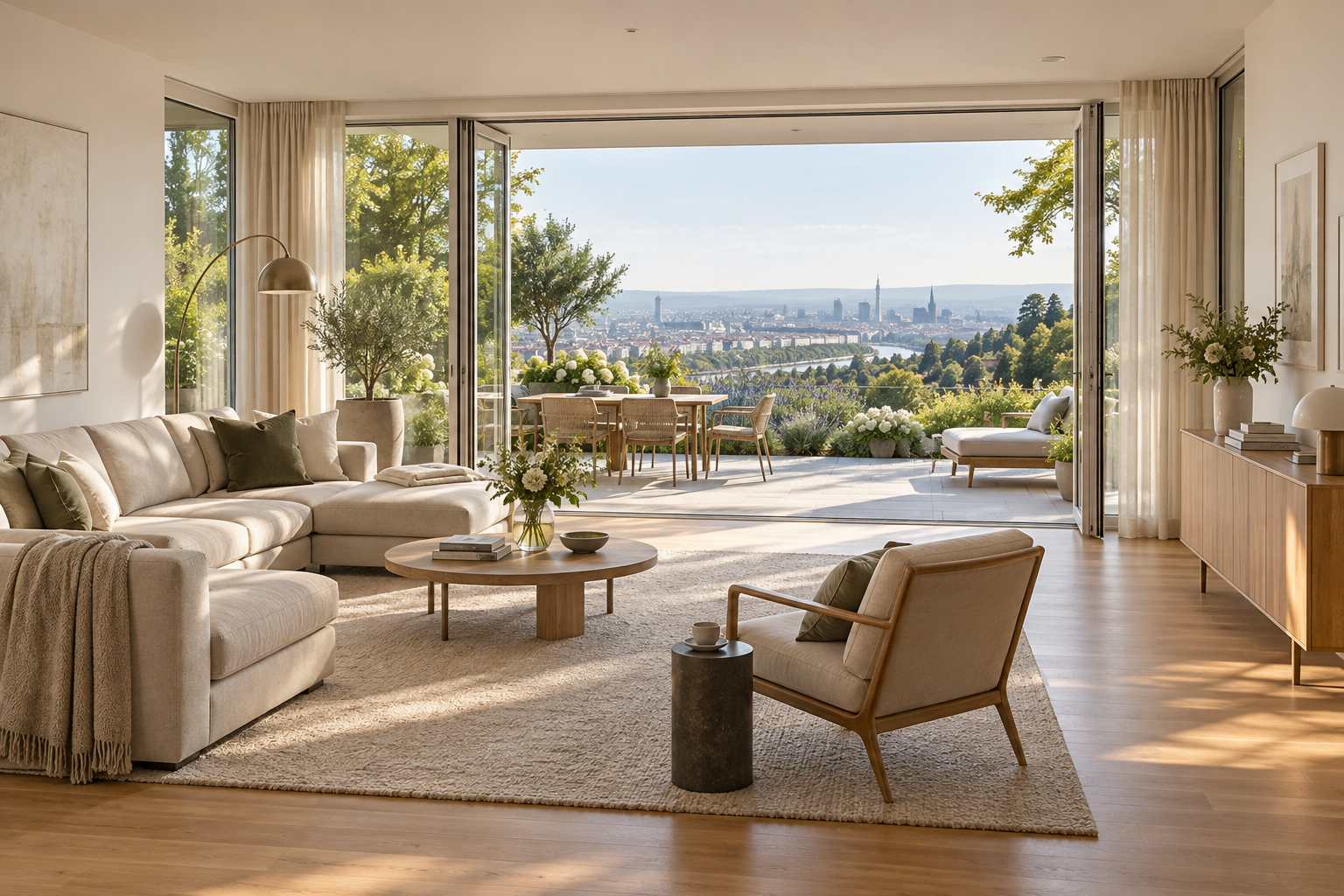 Heller Wohnraum mit Terrasse, Garten und weitem Blick über Wien