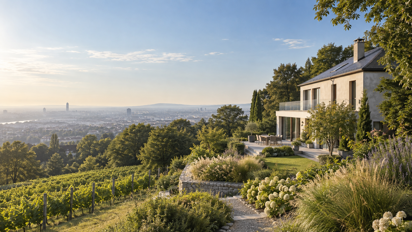 Wohnhaus in grüner Wiener Höhenlage mit weitem Blick über die Stadt